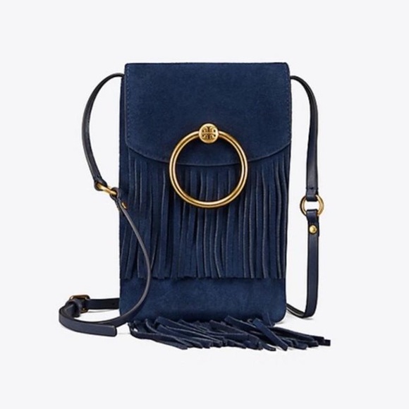 Tory Burch Navy Suede Crossbody Mini Bag with Fringe - Picture 1 of 6